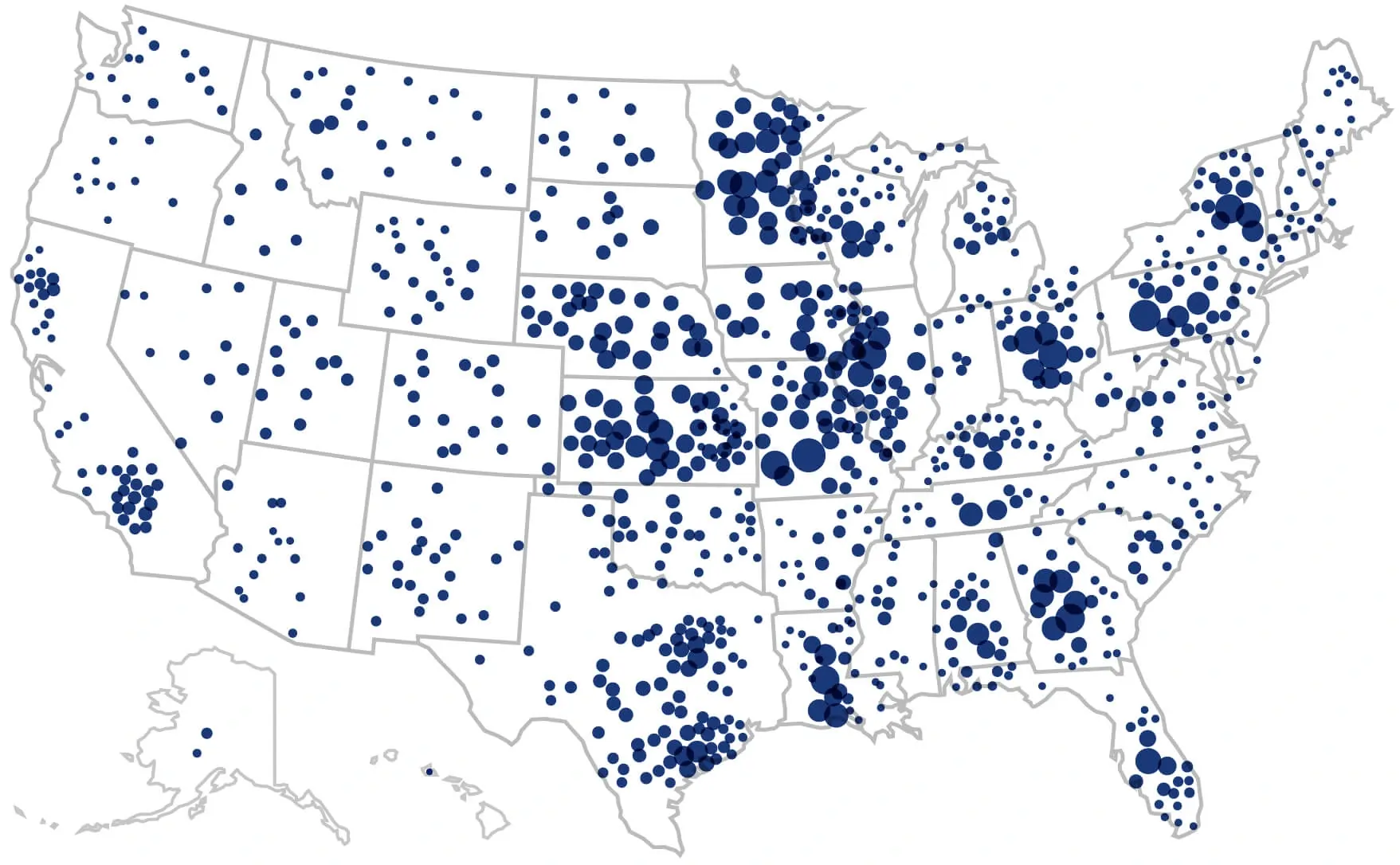 A map of community banks across the United States. 